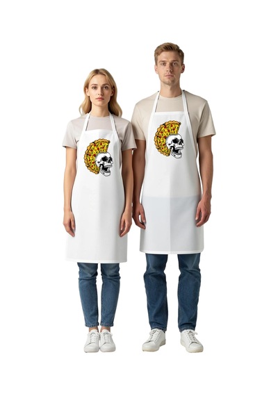 Unisex Mutfak Aşçı Önlüğü Kafatası Pizza Baskılı Grafik Tasarım S Beyaz