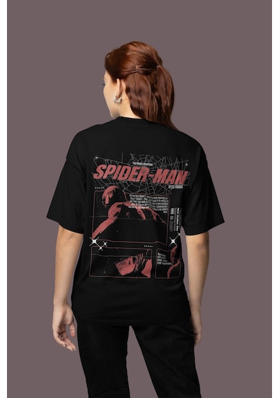 Tasarım Spider-man Sırt Baskılı Unisex Oversize Örümcek Adam Süpe Siyah