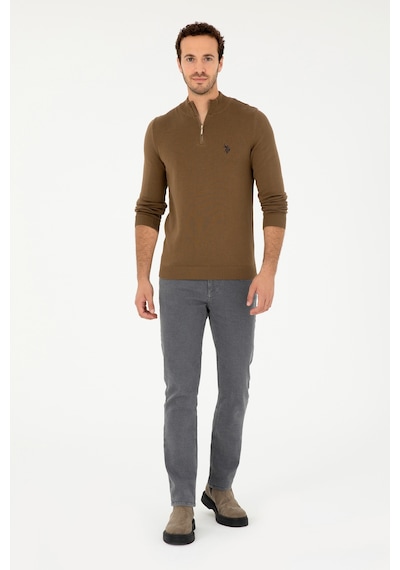 U.S. Polo Assn. Erkek Slim Fit Yarım Fermuarlı Haki Basic Kazak 50293517-VR027