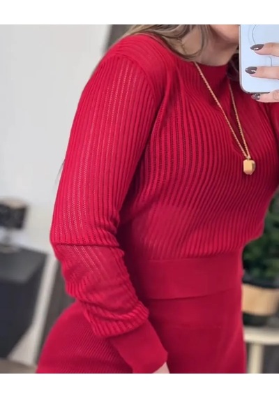 Kadın Uzun Kollu Yuvarlak Yaka Transparan Detaylı Triko Bluz Ve Pantolon Ikili Takım Kırmızı