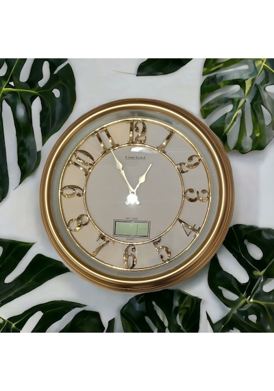 Termometreli Isı Ölçer Dijital Gold Salon Ofis Duvar Saati 47 cm Altın