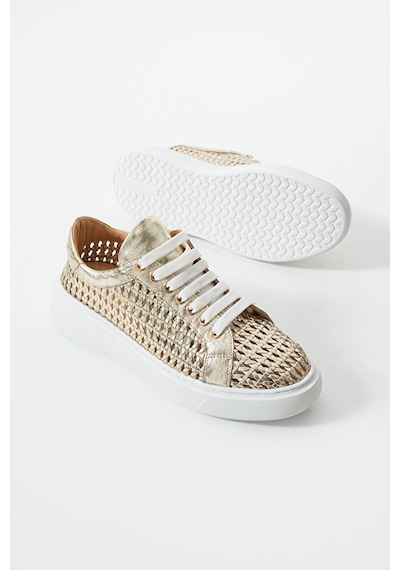 Dericia Shoes Glow Hakiki Deri Kadın Günlük Örgülü Sneaker Ayakkabı Altın
