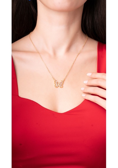 Ayenci 925 Ayar Gümüş Zincirli Kelebek Tasarımlı Pembe Kristal Taşlı Kad