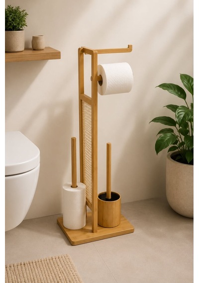 Morponi Ahşap Bambu Çok Amaçlı Tuvalet Kağıdı Askısı, Yedekli Stand Ve Banyo Fırçalık Seti Dk Gri