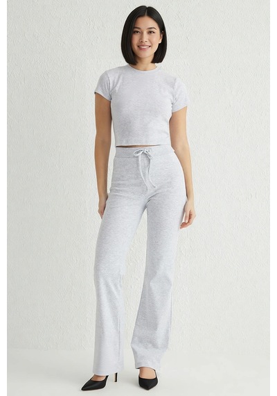 Benerly Kadın Büyük Beden Crop Top Ispanyol Paça Takım Bisiklet Yaka Kısa Gri
