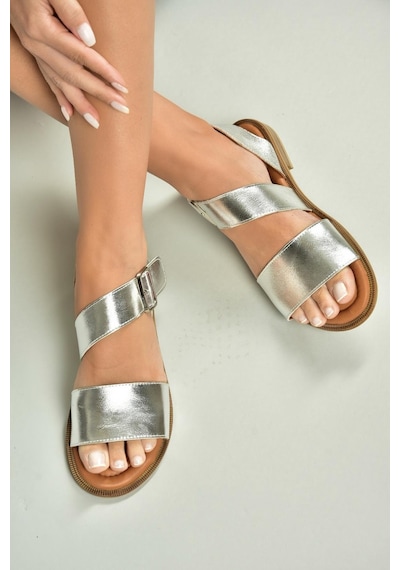 Fox Shoes U944150303 Gümüş Kalın Bantlı Hakiki Deri Kadın Sandalet Gümüş-hakiki Deri