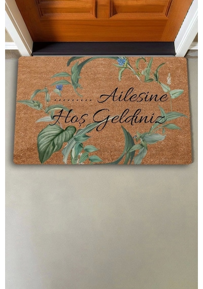 Valerine Life Mavi Papatya Yaprak Kişiye, İsme Ve Aileye Özel Hoş Geldiniz Kapı Önü Paspası 45x70cm Kahverengi