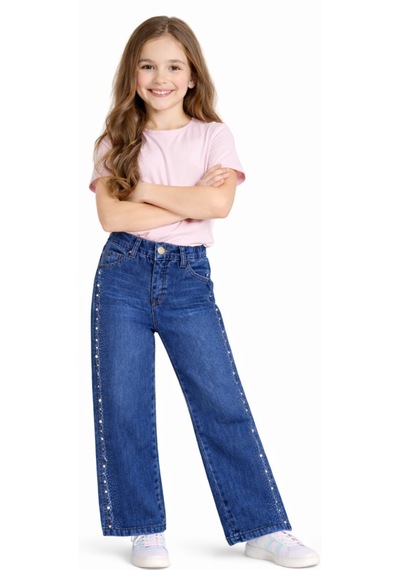 Irem Kız Çocuk Eskitme Desenli Yanları Taş Detaylı Likralı Geniş Paça Model Mavi Renk Kot Pantolon Mavi Irem Kız Çocuk Eskitme Desenli Yanları Taş Detaylı Likralı Geniş Paça Model Mavi Renk Kot Pantolon Mavi