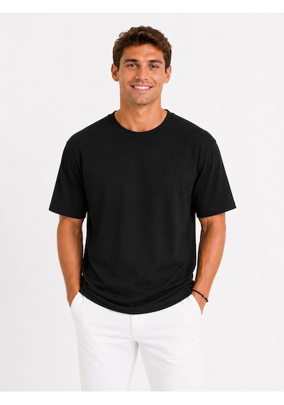 Vasto Moda Erkek Oversize Kalın Dokulu %100 Organik Pamuk Bisiklet Ribana Yakalı Siyah T-shirt