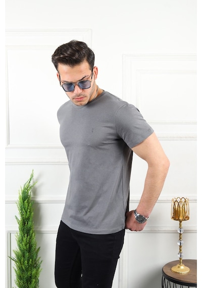 Erkek Gri Melanj Slim Fit Bisiklet Yaka %100 Pamuk Tişört Gri Melanj