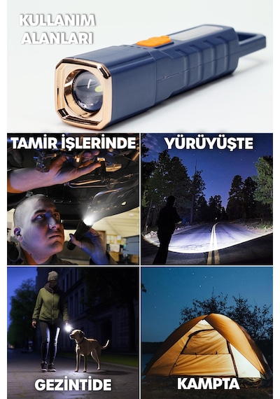 Şarjlı El Feneri 6 Mod Karabina Askılı Çakarlı Cob Led Kamp Lambası Acil Durum Işığı Mavi 7170 Mavi