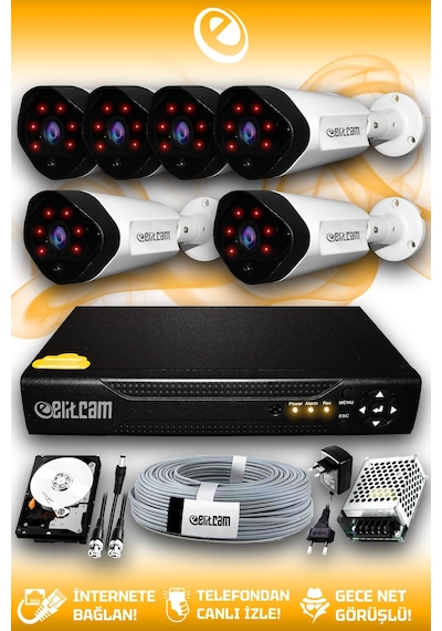 Elitcam 6 Kameralı Uzay 6 Dış Kamera Set 500 GB HDD Full HD Gece Görüşlü Güvenlik Kamerası Sistemi