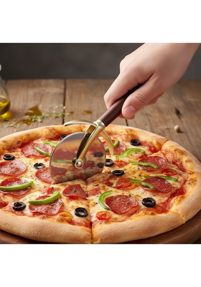 Prateg Akasya Saplı Gold Pizza Kesici,pizza Ruleti, Pizza Dilimleyici Kahverengi