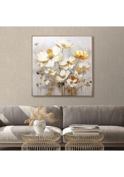 Yağlı Boya Dokulu Tablo Modern Papatyalar Altın Çerçeveli U02015-178870