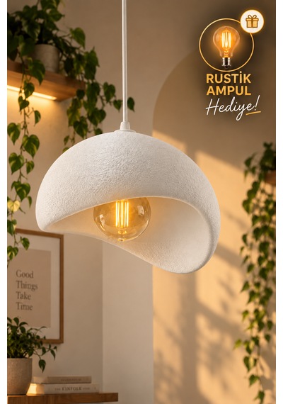 Beton Görünümlü Tekli Sarkıt Avize Dokulu Modern Bohem İskandinav Salon Mutfak G95 Rustik Led Ampul Hediyeli Beyaz