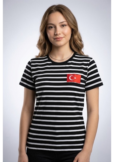 Technomonkey Kadın Slim Fit Dar Kesim Türk Bayrağı Baskılı Siyah Beyaz Çizgili Kısa Kollu Tişört