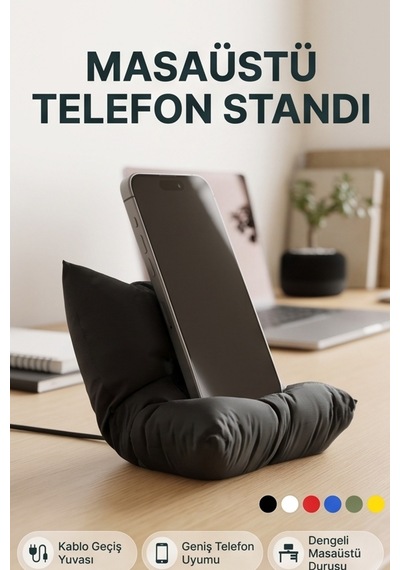 Masaüstü Telefon Standı Yastık Tasarımlı Şarj Girişli Telefon Tutucu Siyah