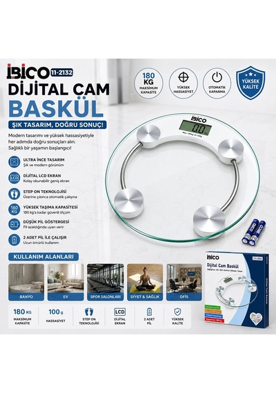 Ers Dijital - Pilli Yuvarlak Banyo Baskül Terazi Tartı Lcd Ekran 180kg/0.1g 30x30cm İ11-026