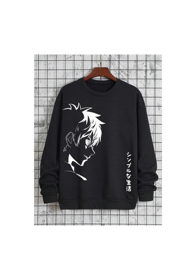 Tarzsokak Unisex Kadın/erkek Siyah Anime Yaşam Oversize Bisiklet Yaka Pamuklu Sweatshirt
