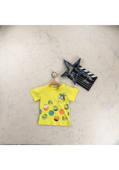 Haknur Bebe Haknur Basketbol Topu Baskılı Kısa Kollu Erkek Bebek T-Shirt 06-24 Ay Sarı