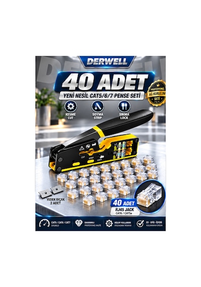 3in1 Rj45 Cat6 Konnektör Seti 40 Adet Paket - Altın Kaplama Network Ezme Jakı - İnternet Ve Ethernet Utp Kablo Başlığı - Yüksek Hızlı Veri İletimi Uyumlu - Profesyonel Ağ Kurulumu Modeli Jak Seti