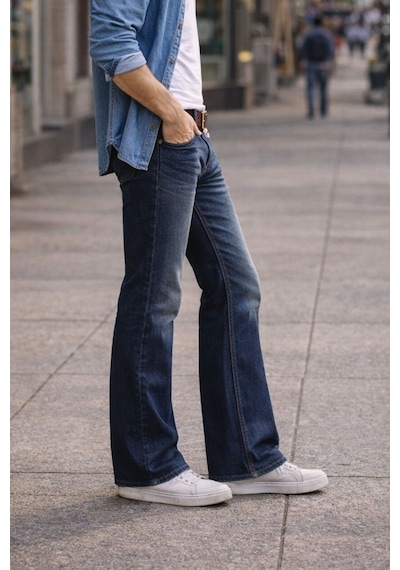 Cedy Denim Cedy Denım Premium Seri: Erkek Retro Flare Bootcut Jean - Geniş Paça Taşlanmış Denim Pantolon C370 Mavi