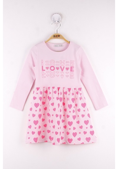 Toontoy Kız Çocuk Love Baskılı Elbise Pudra