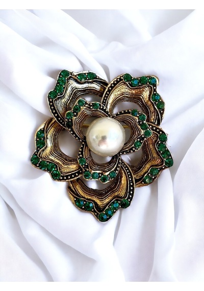 Kristal Taşlı Küçük Çiçek Motif Broş Yeşil