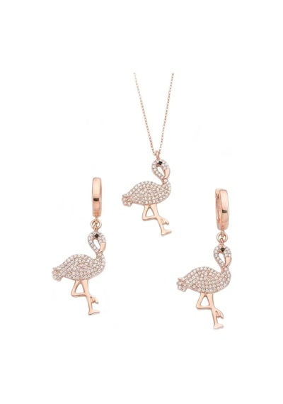925 Ayar Gümüş Flamingo Kadın Kolye Küpe Seti