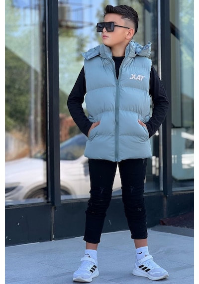 Pina Kids Erkek Çocuk Baskılı Çıkarılabilir Kapüşonlu Şişme Yelek 3017 Mint Yeşili