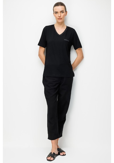 Desen Triko Kadın V Yaka Cebi Saten Şeritli Penye T-shirt 26828 Siyah Siyah