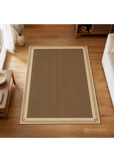 Kartela Halı İnce Çizgili Bordürlü Halı Bej Kaymaz Taban Makinede Yıkanabilir Salon Halısı 60x90 Cm