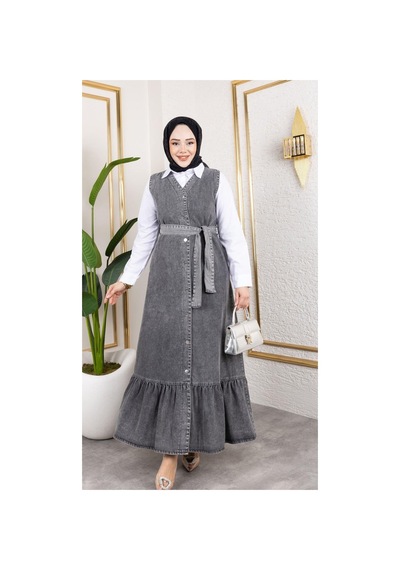 Harman Butik Kadın Düğmeli Kuşaklı Kot Jile Siyah