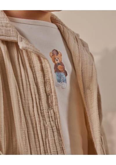 Magu Erkek Çocuk Pamuklu Bej Müslin Ceketli T-shirtli Pantolon Takım