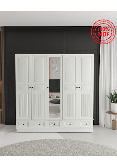 Nil 5 Kapaklı Çekmeceli Bazalı Gardırop - Tamamı Mdf Beyaz