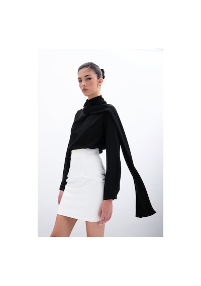 Sateen Şal Detaylı Bluz - Siyah-135955 Siyah