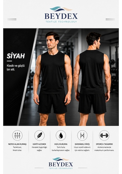 Beydex Erkek Nem Emici Hızlı Kuruma Atletik Teknik Sporcu Sıfır Kol T-shirt Gym Siyah