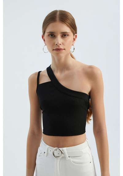 Hiccup Tek Omuzlu Kesik Crop Top Siyah