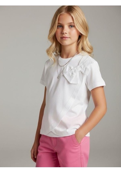 Zekids Kız Çocuk Fiyonk Detaylı Basic T-shirt-16965 Beyaz