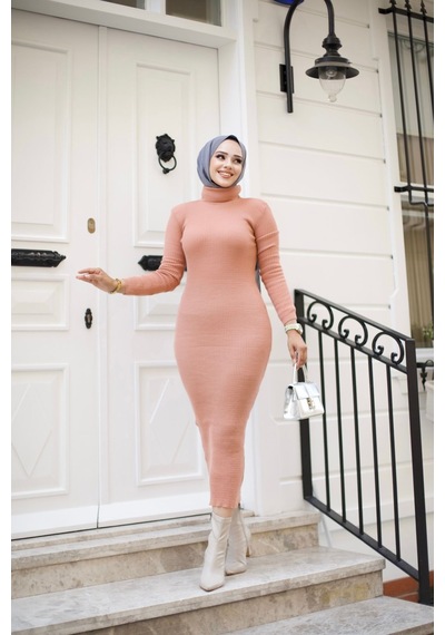 Hira Life Fashion Kadın Elbise Tesettür Giyim Balıkçı Yaka Ve Dar Kesim Triko Kalem Elbise Pudra Pudra Hira Life Fashion Kadın Elbise Tesettür Giyim Balıkçı Yaka Ve Dar Kesim Triko Kalem Elbise Pudra Pudra