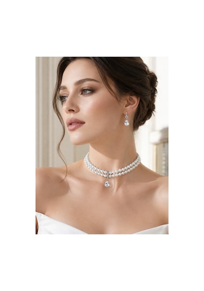 Zirkon Taşlı Su Damlası Sallantılı Tasma Choker İnci Kolye Ve Küpe Seti Düğün Nikah Kına Beyaz