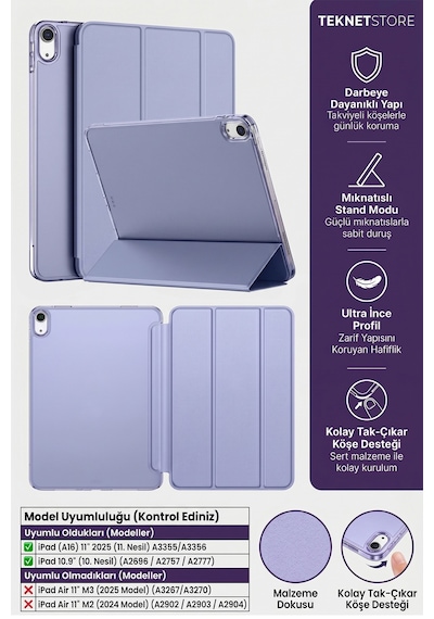 İpad 11. Nesil A16 Ve 10. Nesil 10.9" Uyumlu Kılıf A3355 A2696 Ultra İnce Standlı Kapak Lavanta Kapaklı Kılıf
