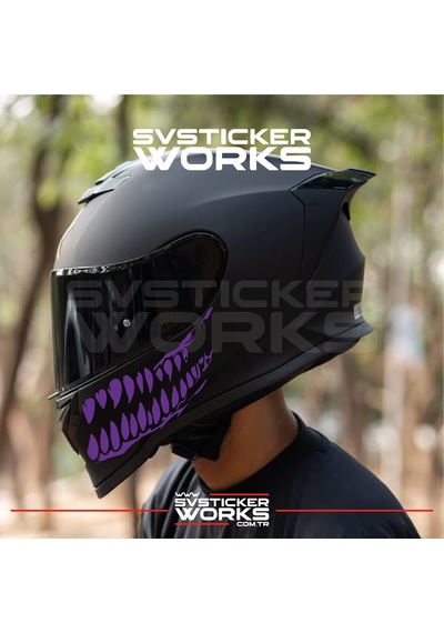 Ağız Diş Köpekbalığı Sticker Kask Vizör Sticker Tüm Kasklar Uyumlu 2 Adet Sağ Sol Mor