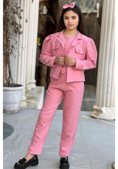 Riccotarz Kız Çocuk Kolsuz Penye Gömlek Cep Detaylı Blazer Ceket Kemerli Pantolon Pembe Alt Üst Takım Pembe Riccotarz Kız Çocuk Kolsuz Penye Gömlek Cep Detaylı Blazer Ceket Kemerli Pantolon Pembe Alt Üst Takım Pembe