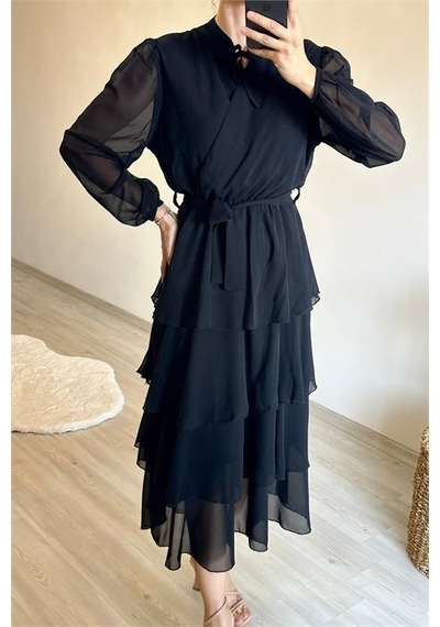 Neşeli Butik Kadın Kat Kat Volanlı Kuşaklı Midi Şifon Elbise Nm004 Siyah
