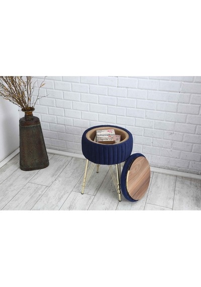 Bianco Metal Ayaklı Sehpalı Puf Altın Koyu Mavi Gold Dark Blue