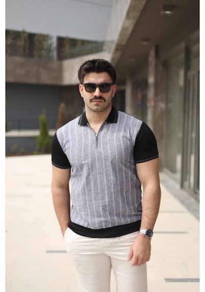Butik İstanbul Erkek Polo Yaka Fermuar Detaylı Çizgili Tişört Siyah
