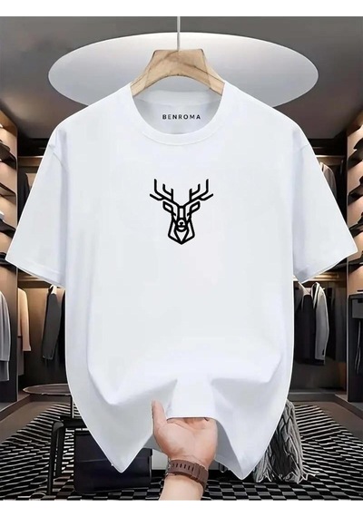 Geyik Baskılı Oversize Tişört BEYAZ