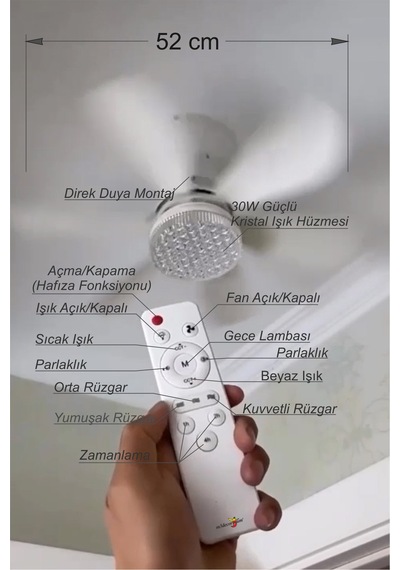 Büyük 30w Led Işıklı 52cm Direk Duya Kolay Montajlı Uzaktan Kumandalı Sinek Kovucu Tavan Pervanesi Vantilatörü Aspiratörü