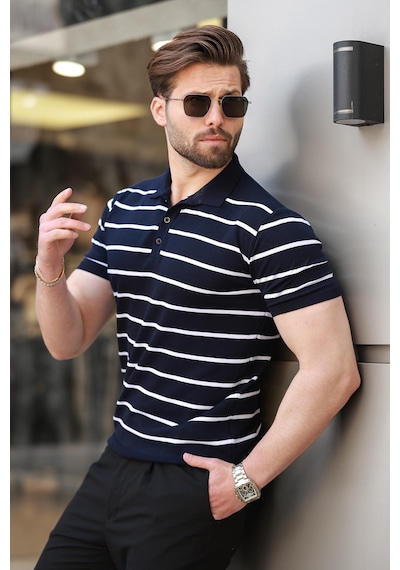 Madmext Lacivert Çizgili Polo Yaka Erkek T-shirt E7405 Lacivert